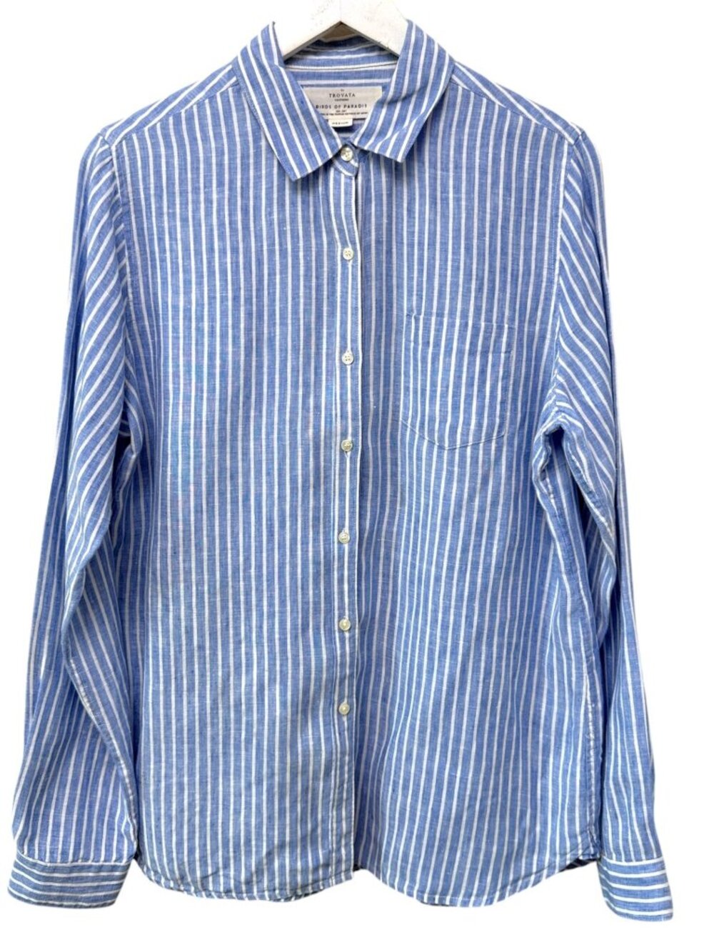 TROVATA 100% Linen Shirt Womens Size Medium Blue Stripe Oxford Button Down